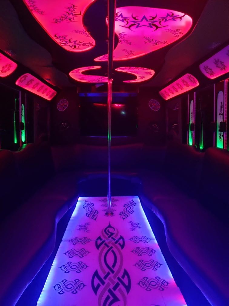 Inside the bus with pink LED ceiling panels, a dance pole and a lit-up dance floor