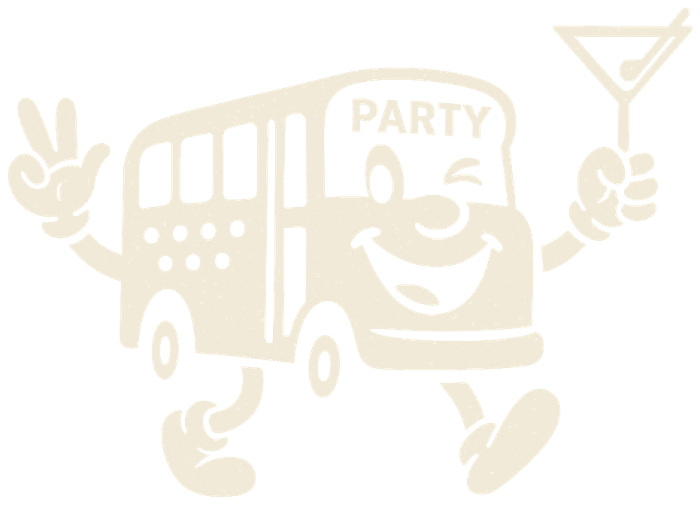 Party Hopper Bus Co. mascot: a cartoon party bus giving a peace sign and holding a martini